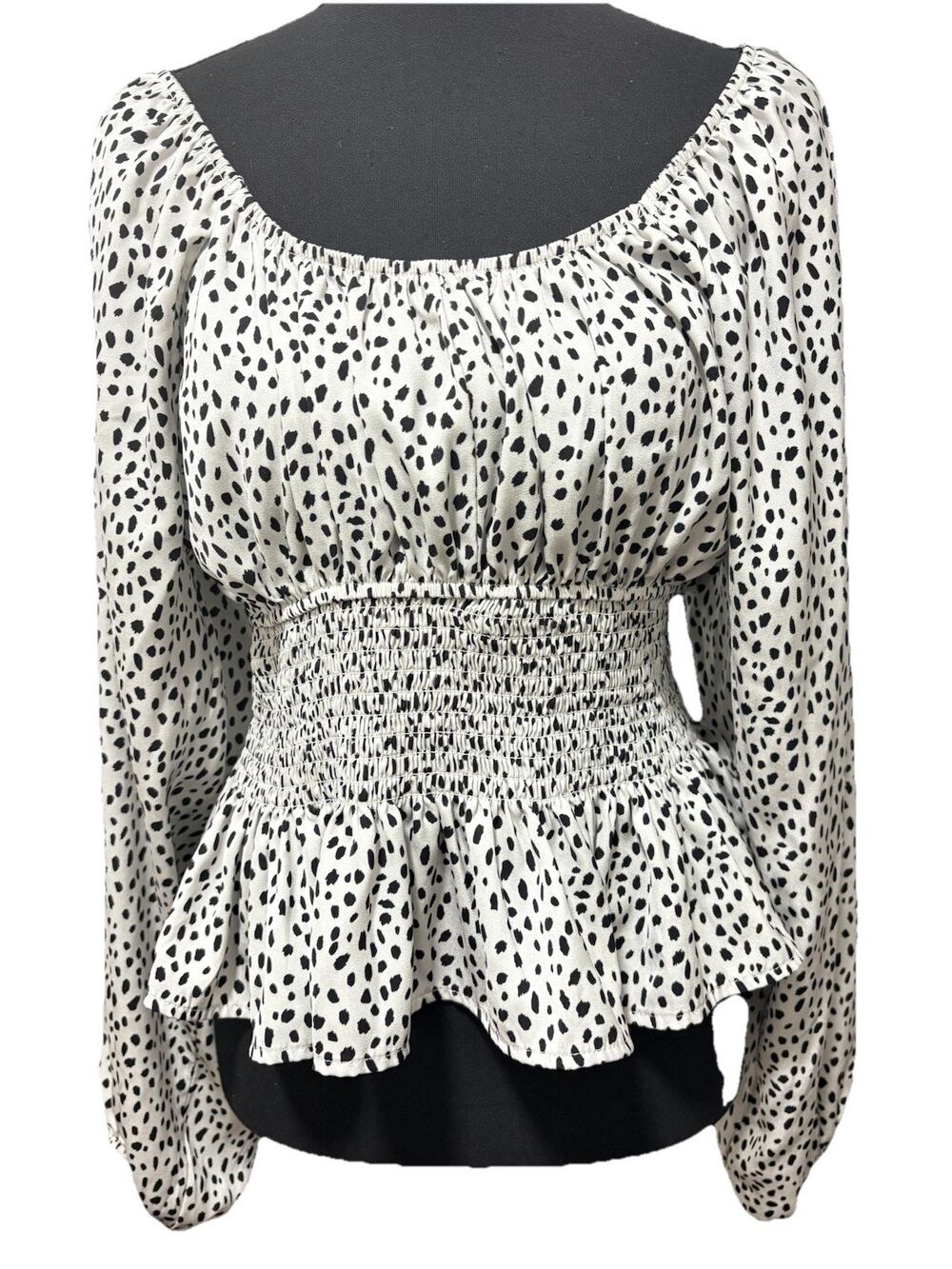 Sincerely Jules Dalmatian Print Blouse Women’s L Smocked Peplum Balloon Sleeve